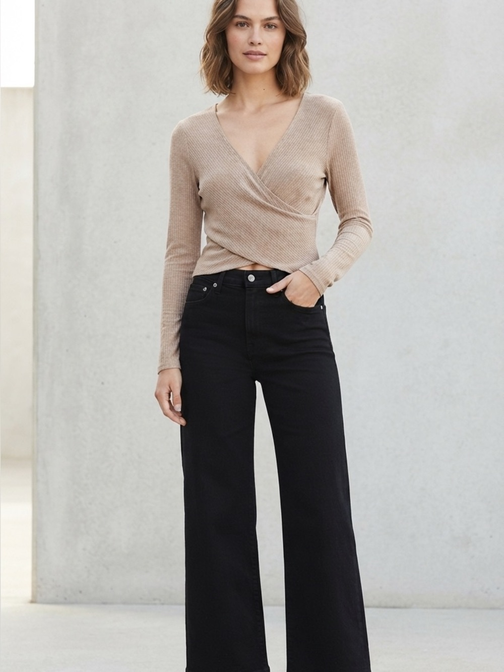 ASTR Beige Ribbed Faux-Wrap Long Sleeve Top